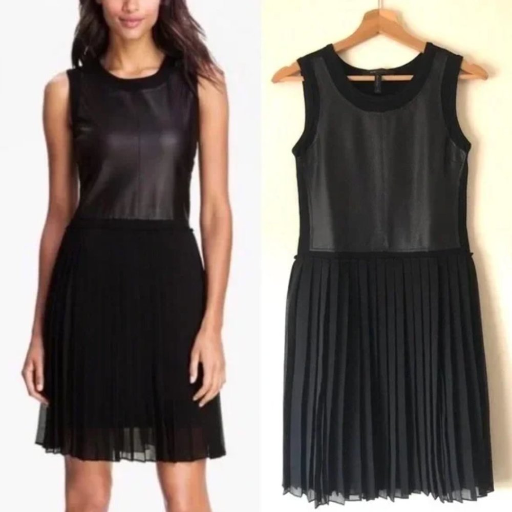 BCBG maxazria black dress faux leather fit & flare dress with pleated bottom